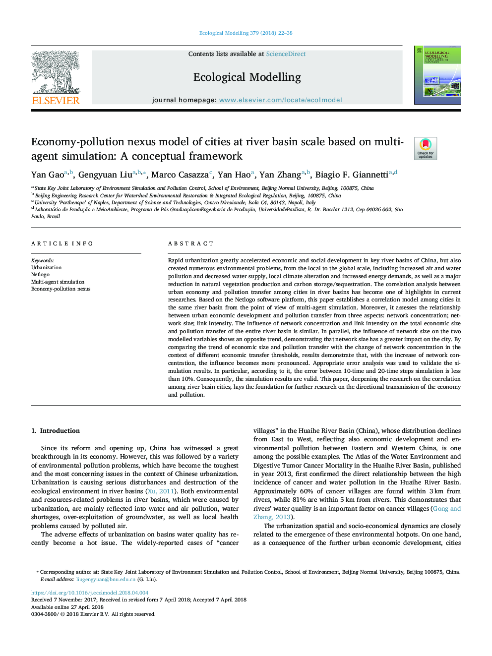 Economy-pollution nexus model of cities at river basin scale based on multi-agent simulation: A conceptual framework