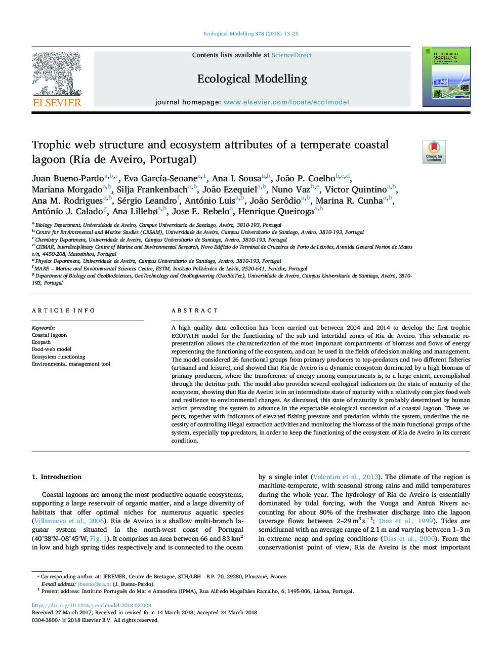 Trophic web structure and ecosystem attributes of a temperate coastal lagoon (Ria de Aveiro, Portugal)