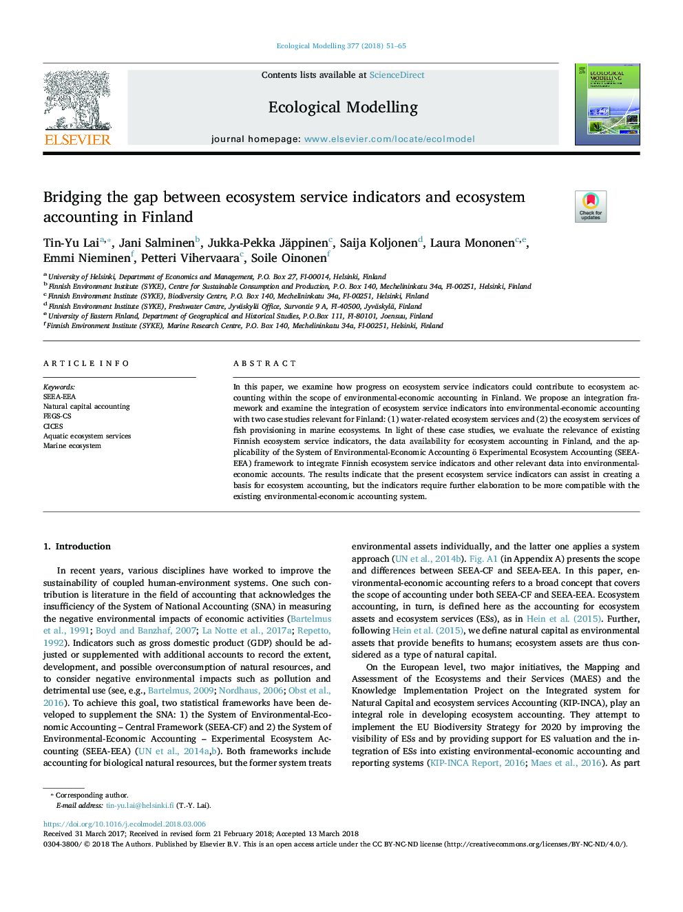 Bridging the gap between ecosystem service indicators and ecosystem accounting in Finland