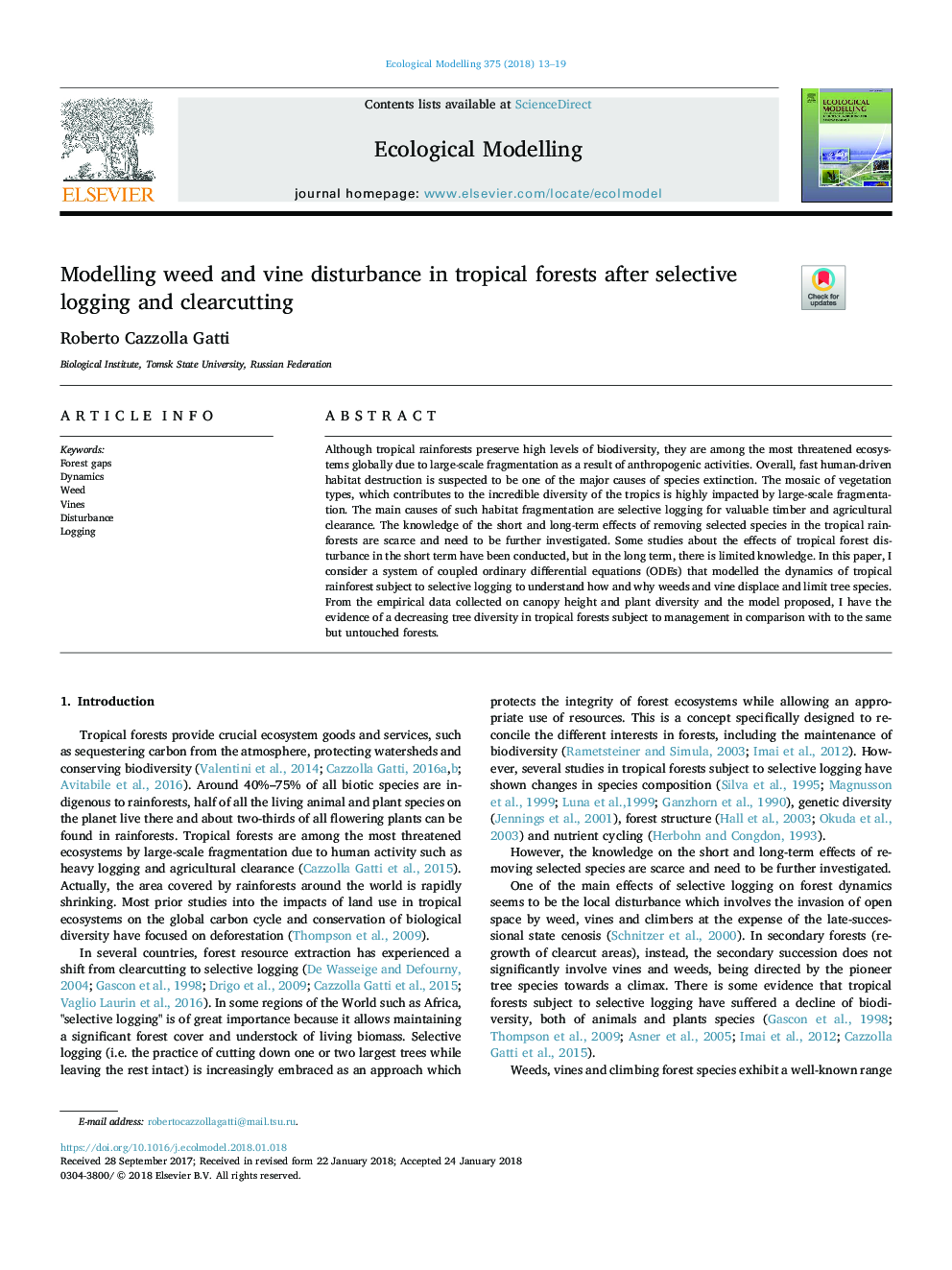 Modelling weed and vine disturbance in tropical forests after selective logging and clearcutting