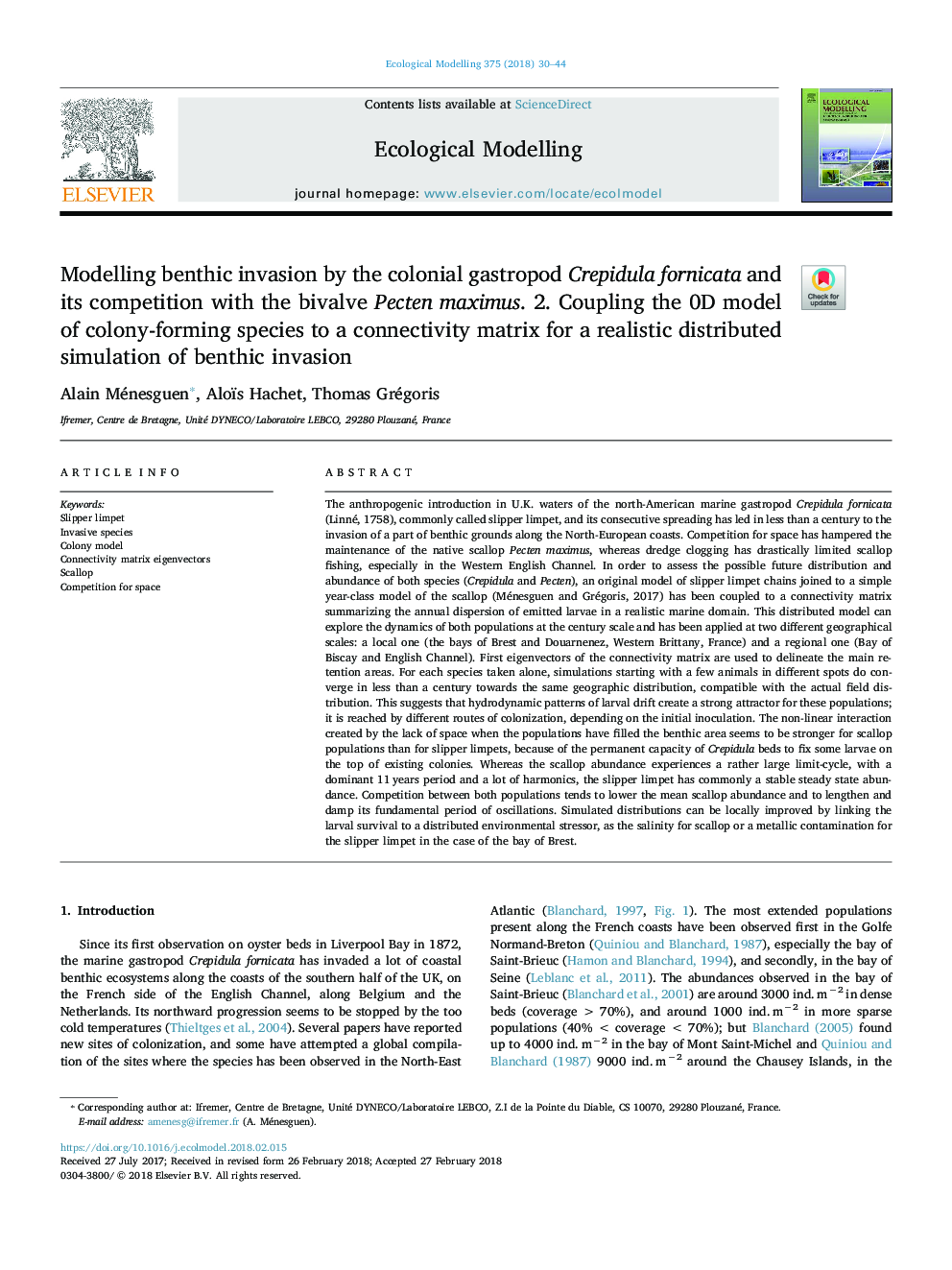 Modelling benthic invasion by the colonial gastropod Crepidula fornicata and its competition with the bivalve Pecten maximus. 2. Coupling the 0D model of colony-forming species to a connectivity matrix for a realistic distributed simulation of benthic inv