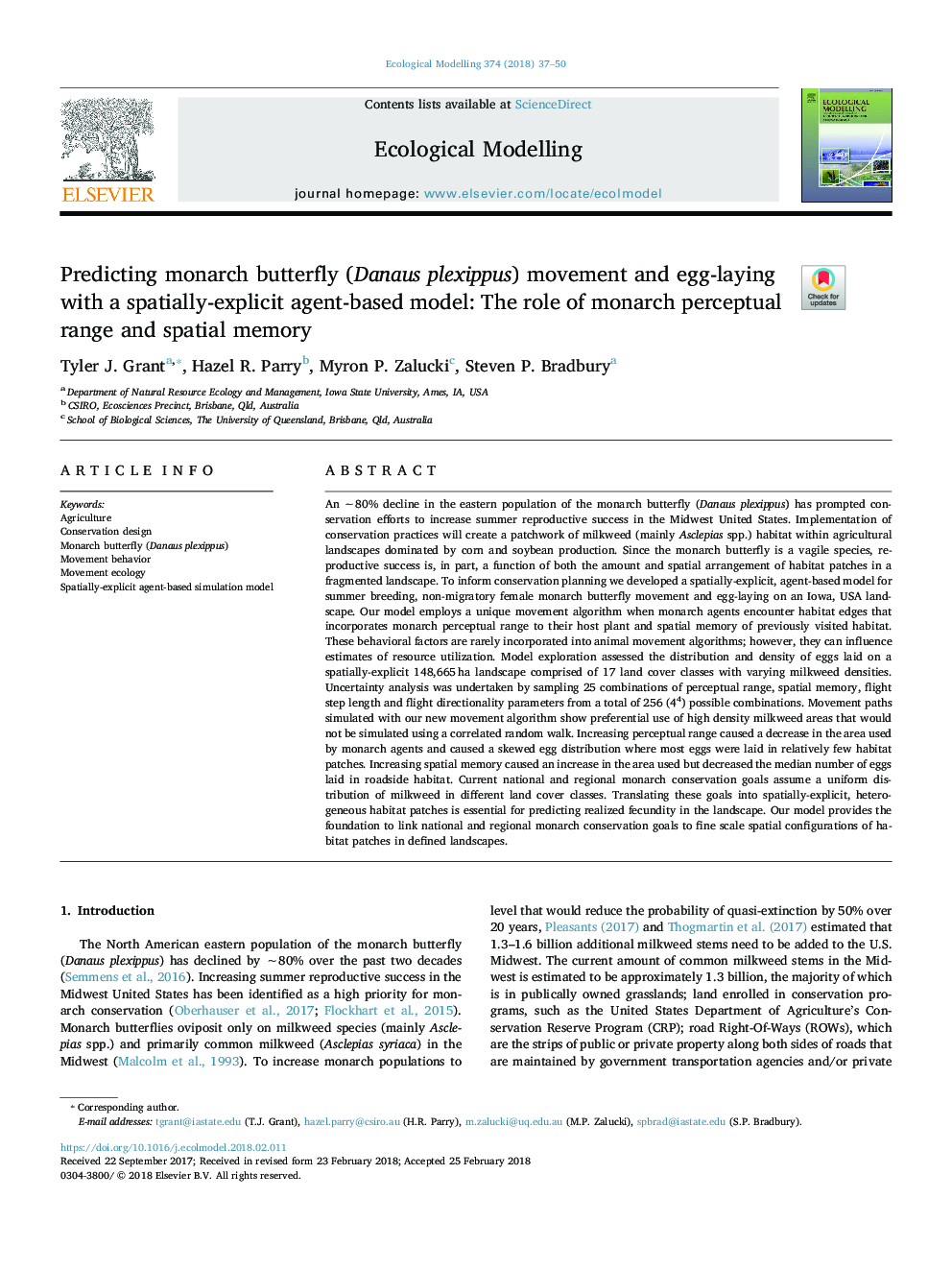 Predicting monarch butterfly (Danaus plexippus) movement and egg-laying with a spatially-explicit agent-based model: The role of monarch perceptual range and spatial memory