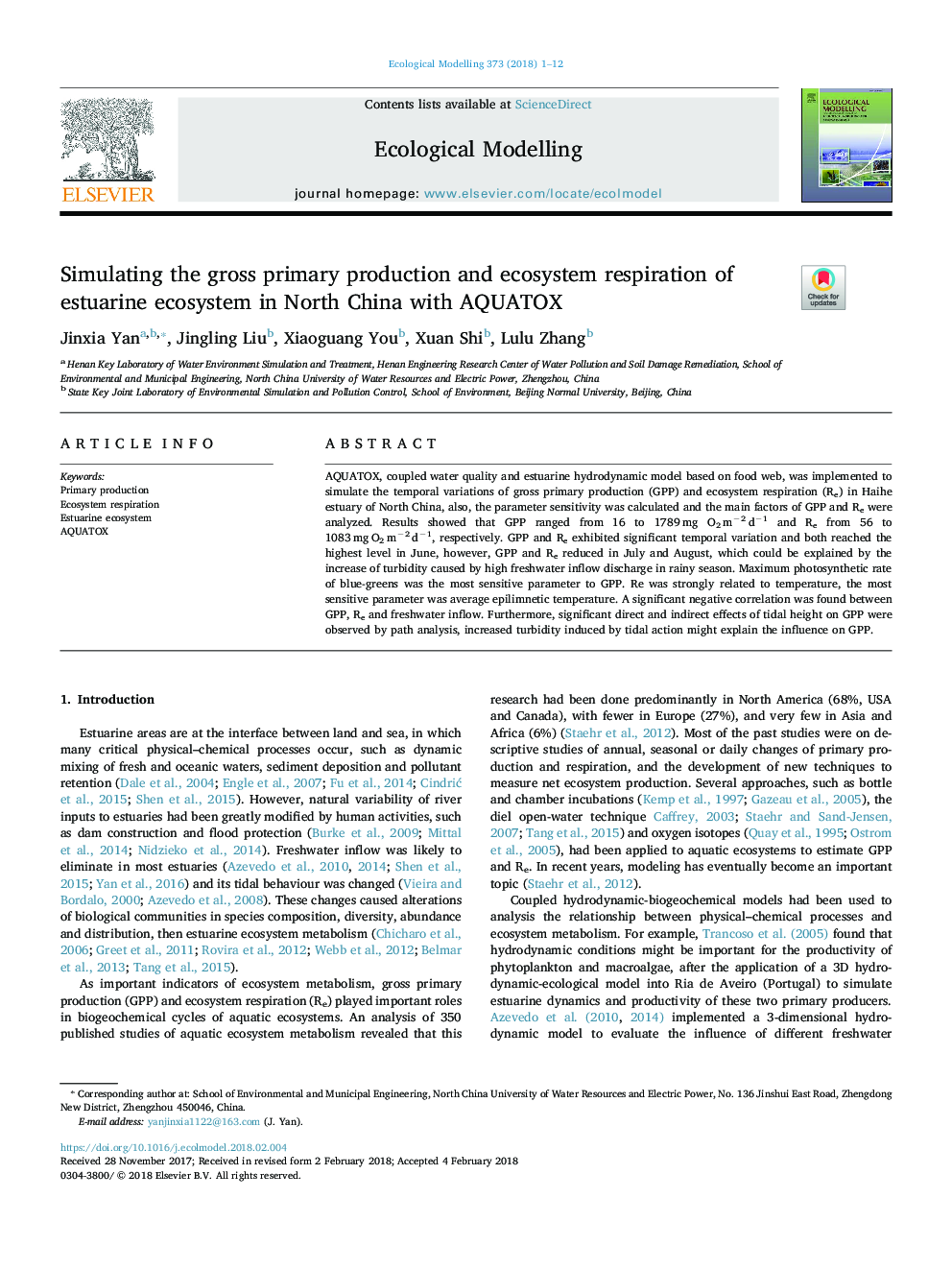 Simulating the gross primary production and ecosystem respiration of estuarine ecosystem in North China with AQUATOX