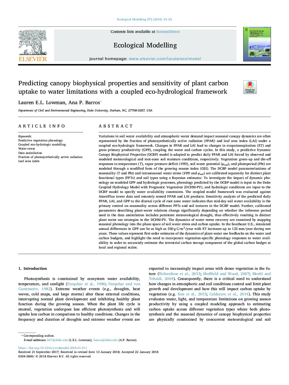 Predicting canopy biophysical properties and sensitivity of plant carbon uptake to water limitations with a coupled eco-hydrological framework