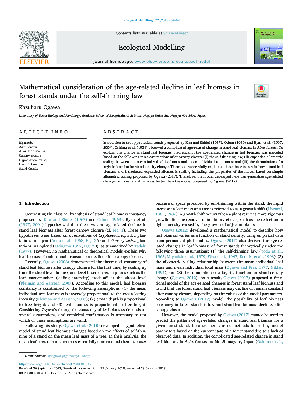 Mathematical consideration of the age-related decline in leaf biomass in forest stands under the self-thinning law