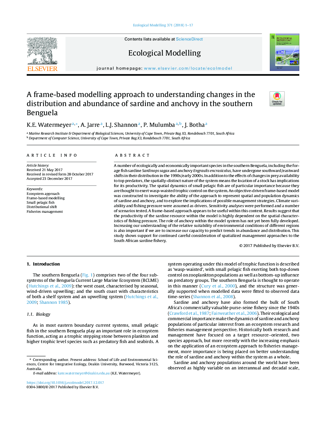 A frame-based modelling approach to understanding changes in the distribution and abundance of sardine and anchovy in the southern Benguela