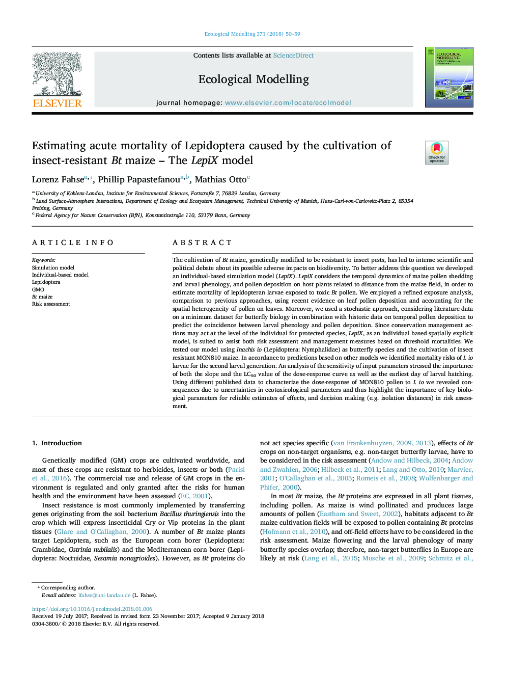 Estimating acute mortality of Lepidoptera caused by the cultivation of insect-resistant Bt maize - The LepiX model