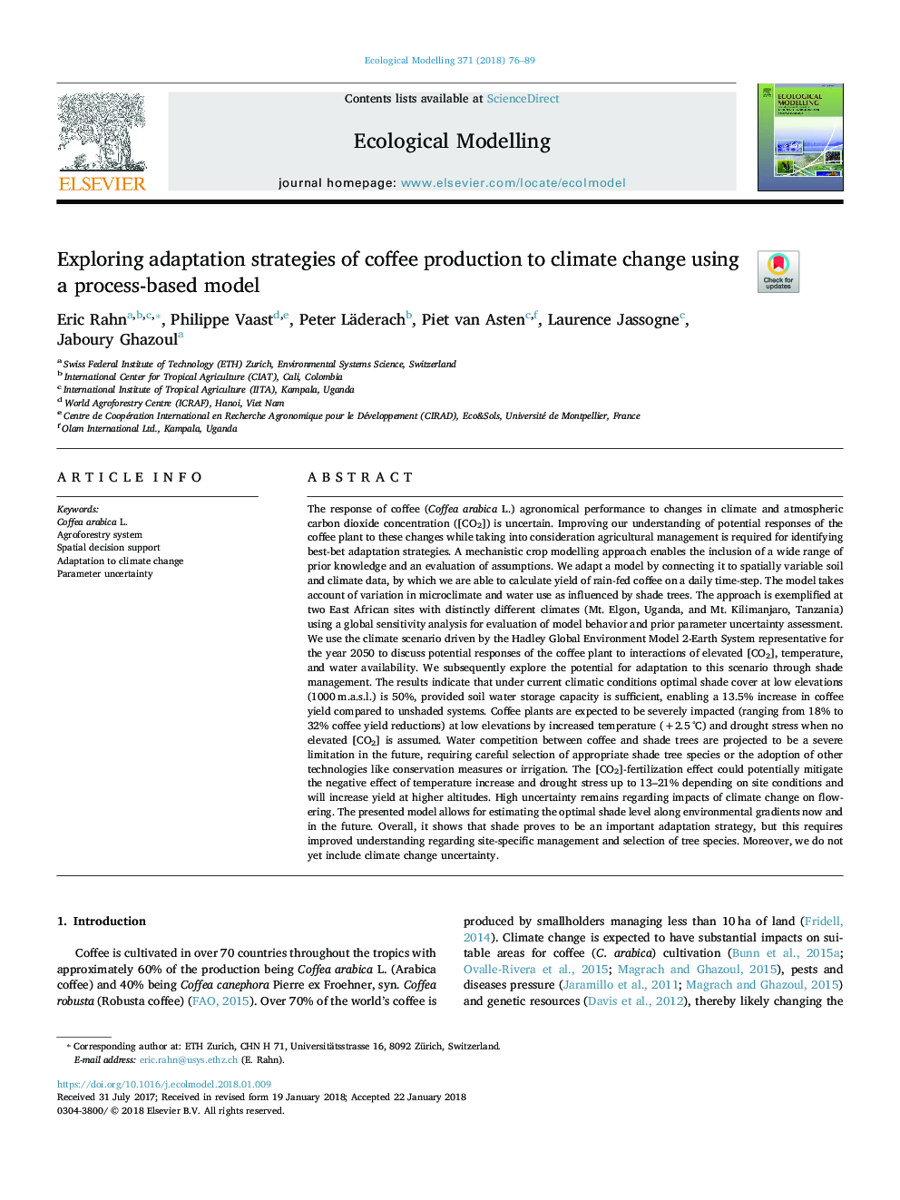 Exploring adaptation strategies of coffee production to climate change using a process-based model