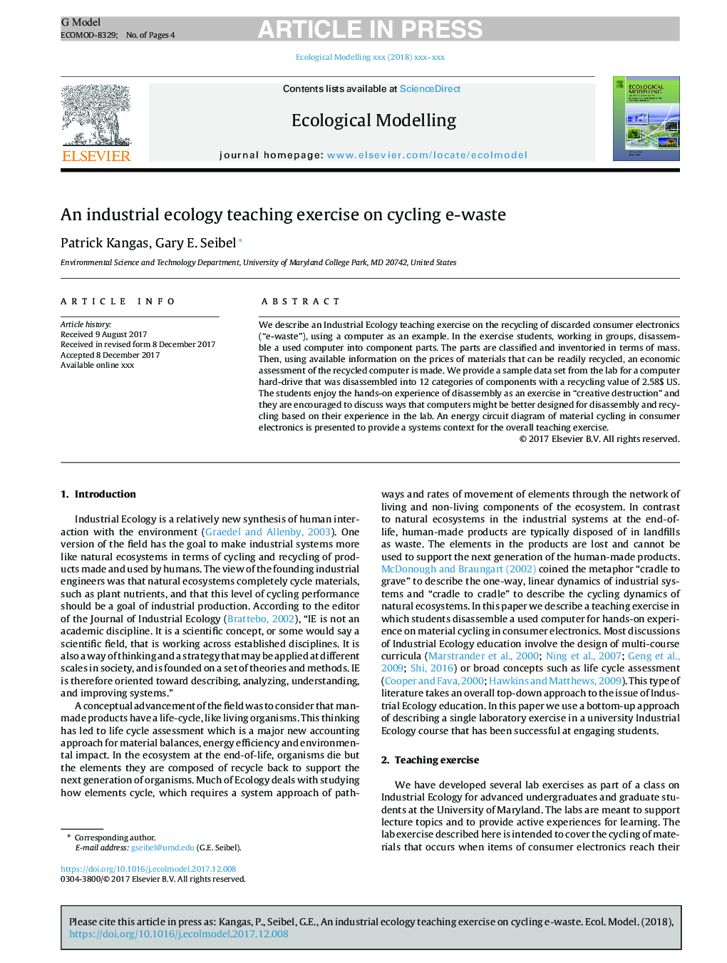 An industrial ecology teaching exercise on cycling e-waste