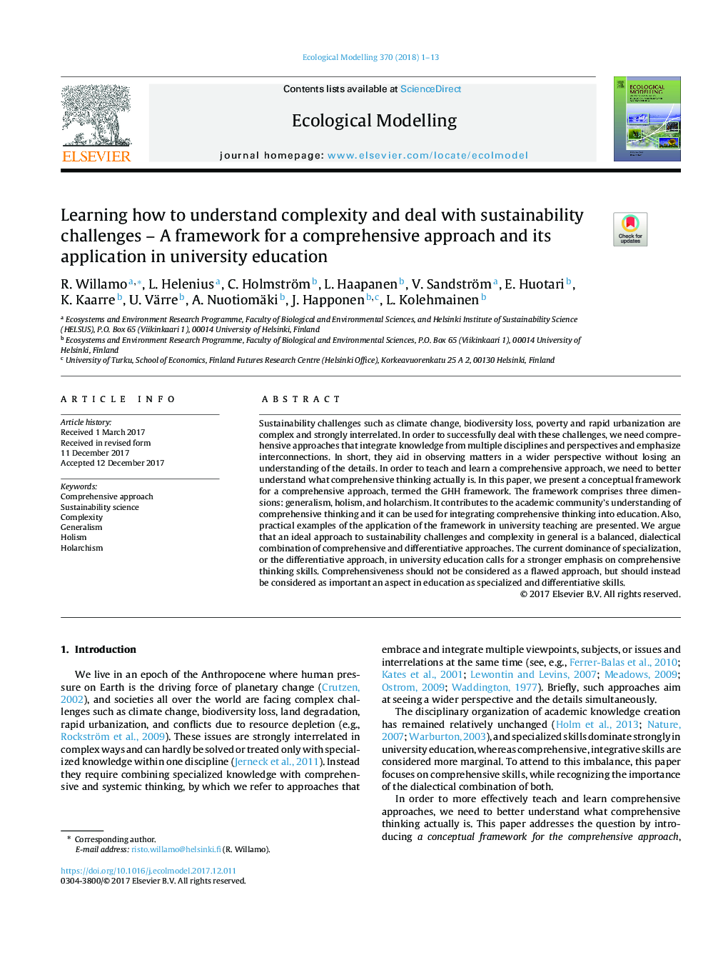 Learning how to understand complexity and deal with sustainability challenges - A framework for a comprehensive approach and its application in university education