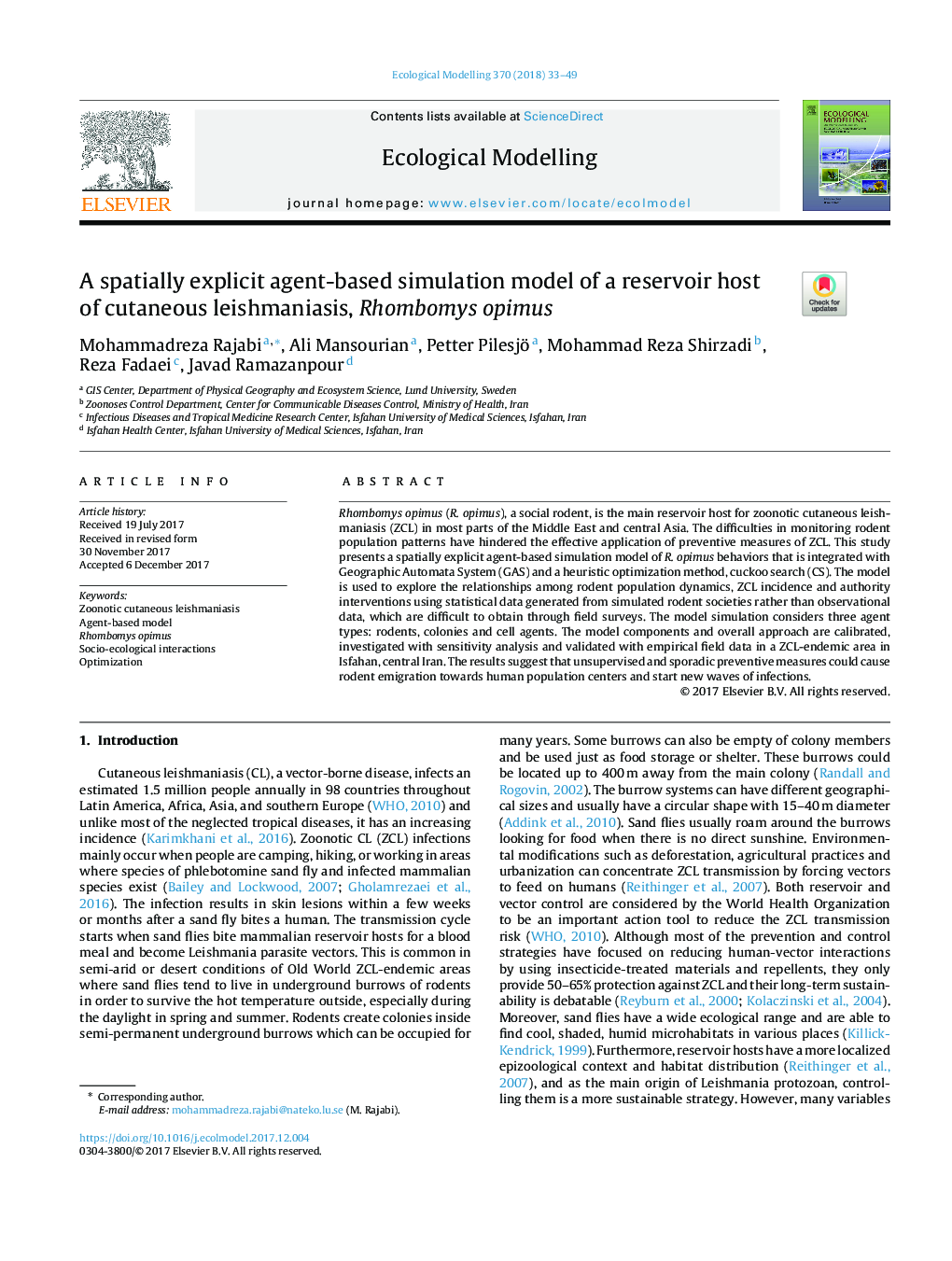 A spatially explicit agent-based simulation model of a reservoir host of cutaneous leishmaniasis, Rhombomys opimus