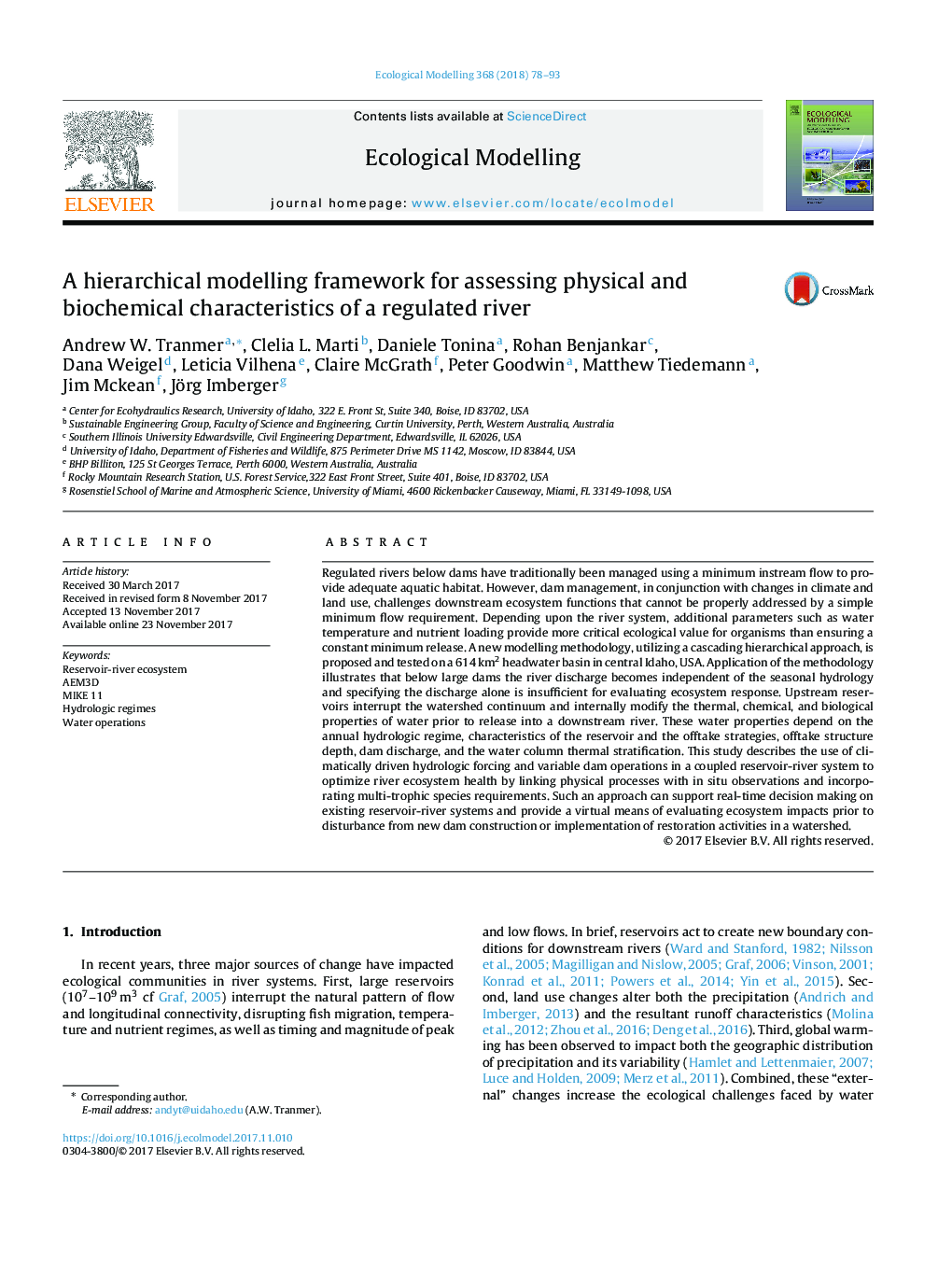 A hierarchical modelling framework for assessing physical and biochemical characteristics of a regulated river