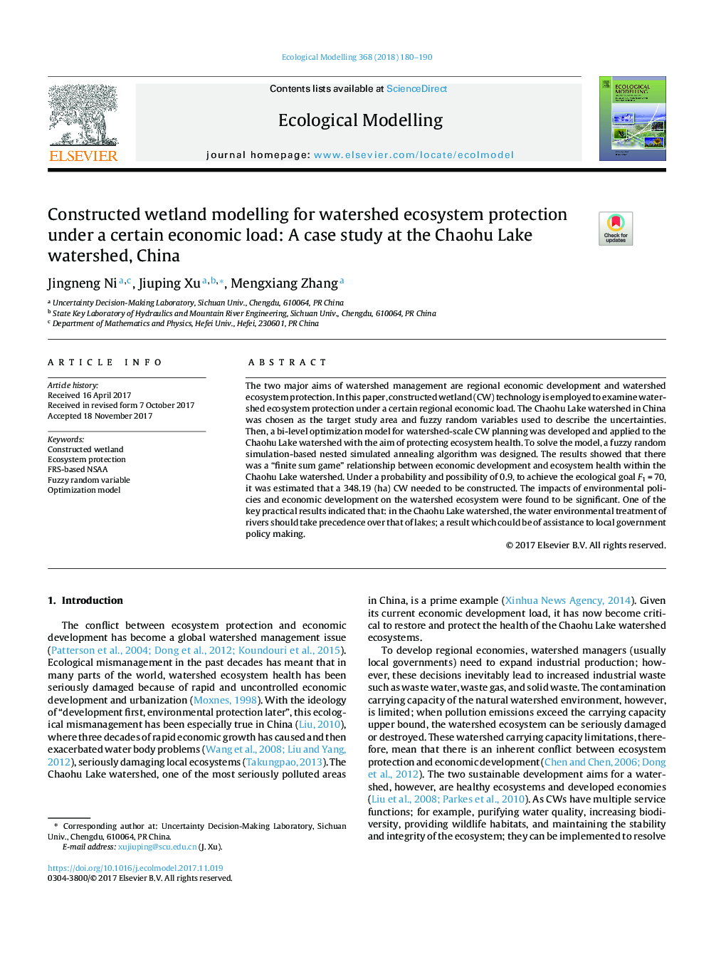 Constructed wetland modelling for watershed ecosystem protection under a certain economic load: A case study at the Chaohu Lake watershed, China