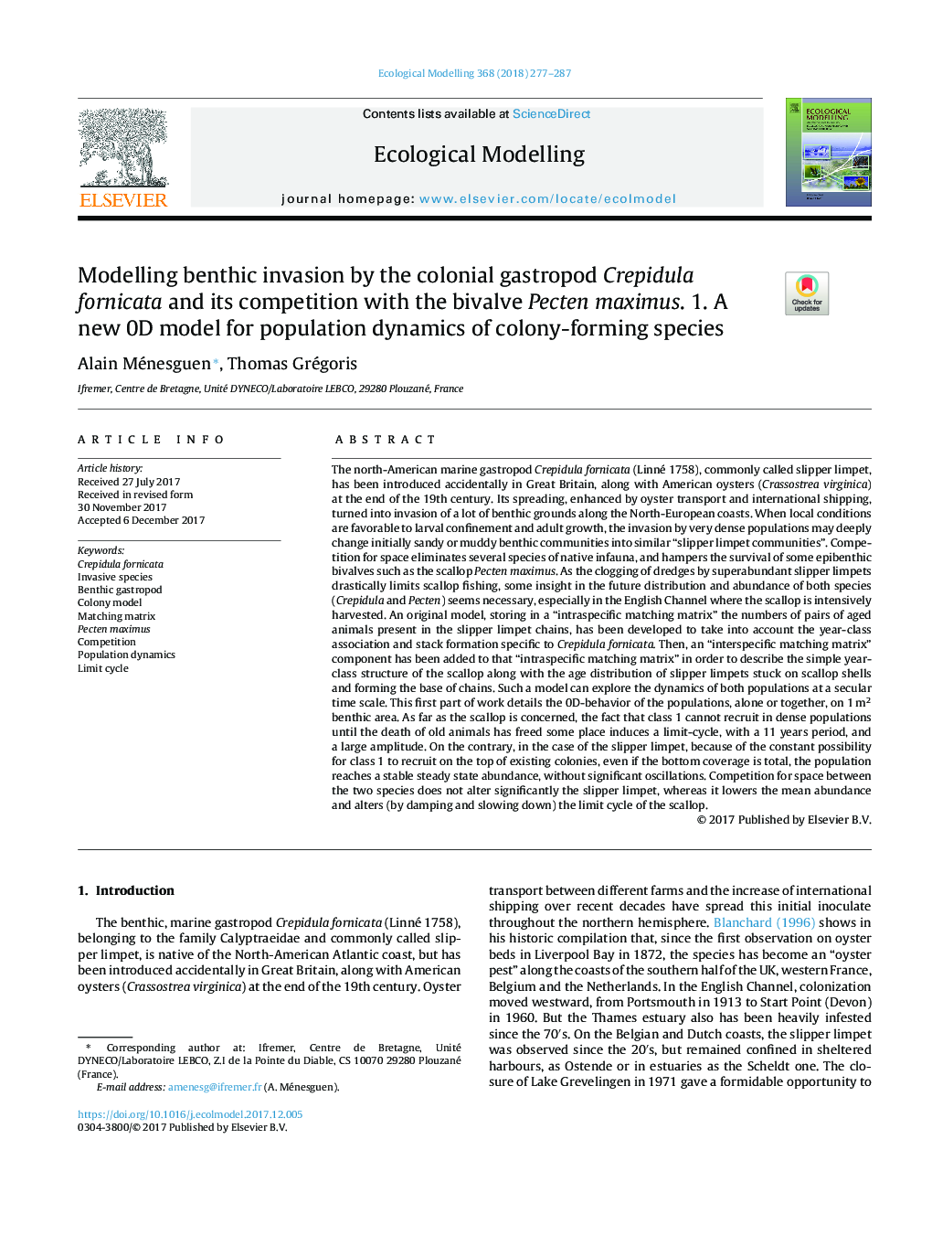 Modelling benthic invasion by the colonial gastropod Crepidula fornicata and its competition with the bivalve Pecten maximus. 1. A new 0D model for population dynamics of colony-forming species