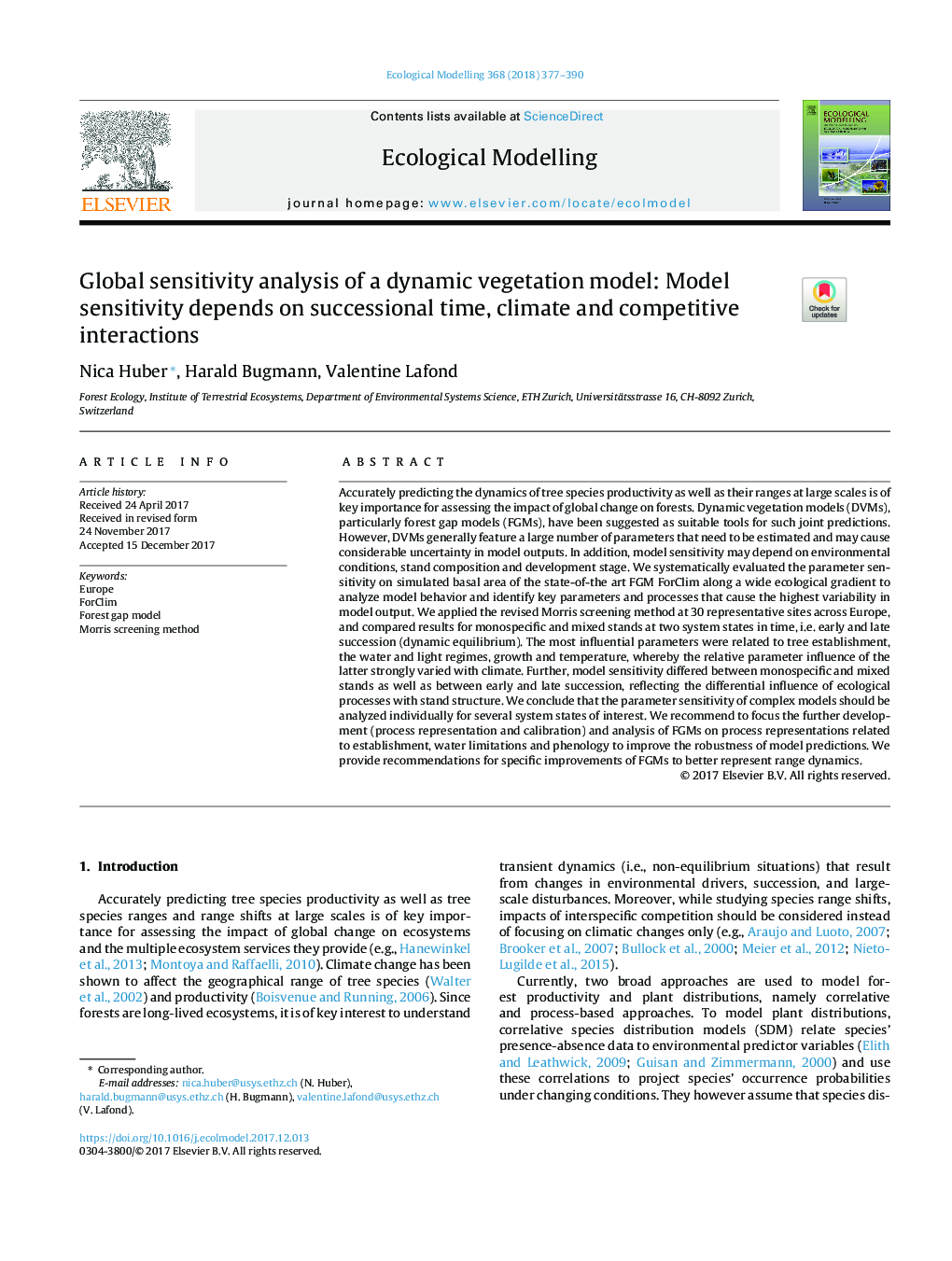 Global sensitivity analysis of a dynamic vegetation model: Model sensitivity depends on successional time, climate and competitive interactions