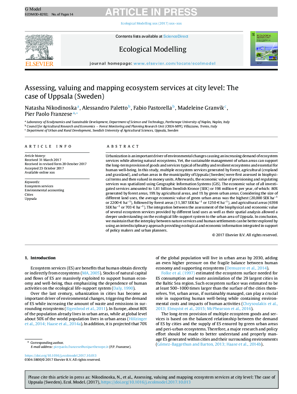 Assessing, valuing and mapping ecosystem services at city level: The case of Uppsala (Sweden)