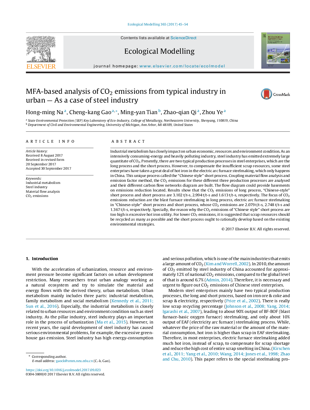 MFA-based analysis of CO2 emissions from typical industry in urban - As a case of steel industry