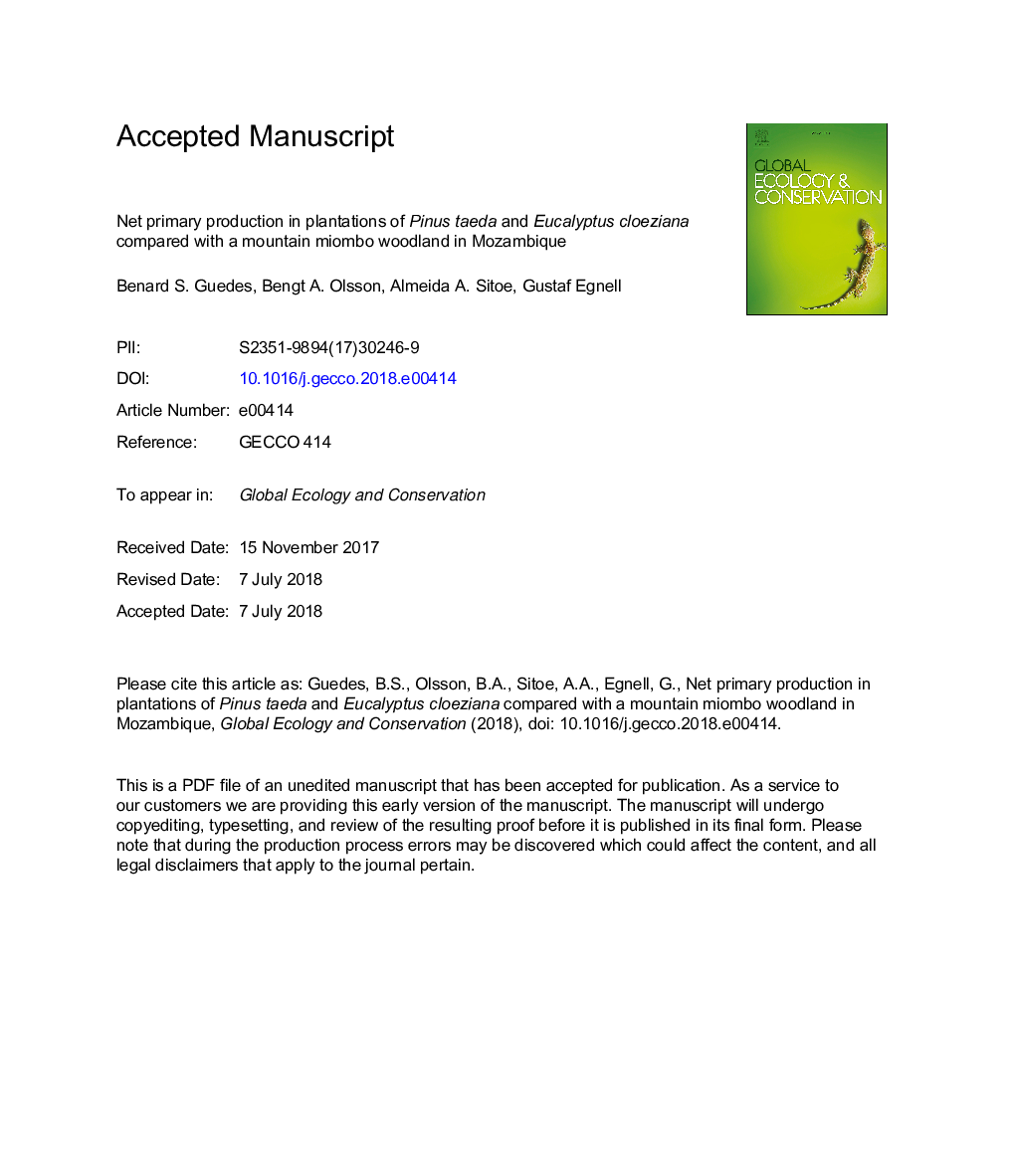 Net primary production in plantations of Pinus taeda and Eucalyptus cloeziana compared with a mountain miombo woodland in Mozambique