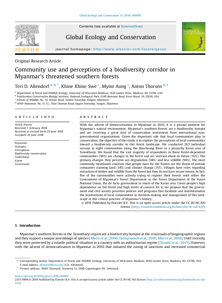 Community use and perceptions of a biodiversity corridor in Myanmar's threatened southern forests