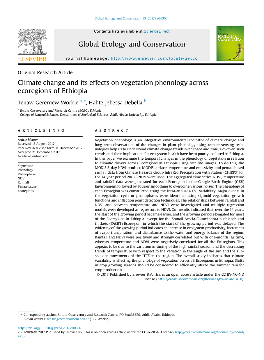 Climate change and its effects on vegetation phenology across ecoregions of Ethiopia