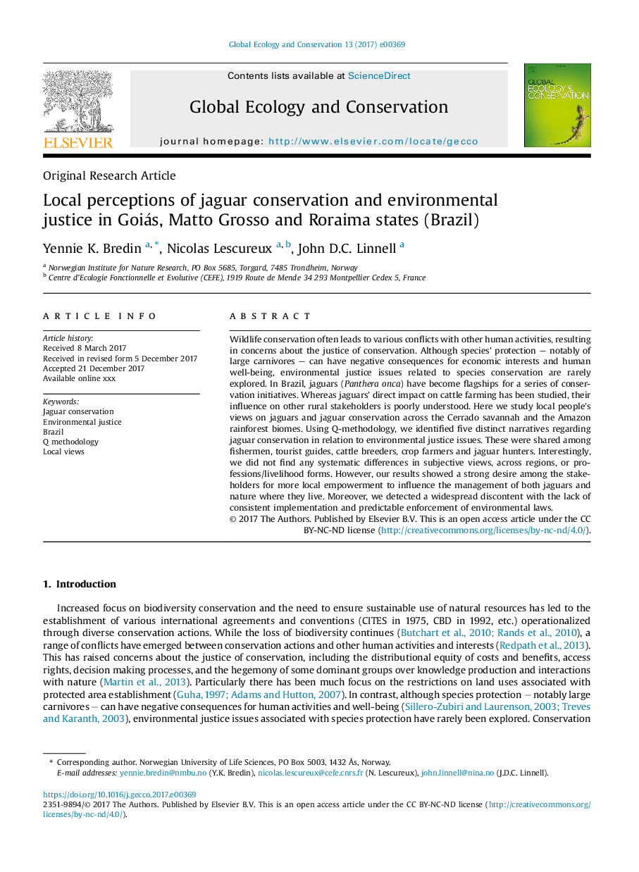 Local perceptions of jaguar conservation and environmental justice in Goiás, Matto Grosso and Roraima states (Brazil)