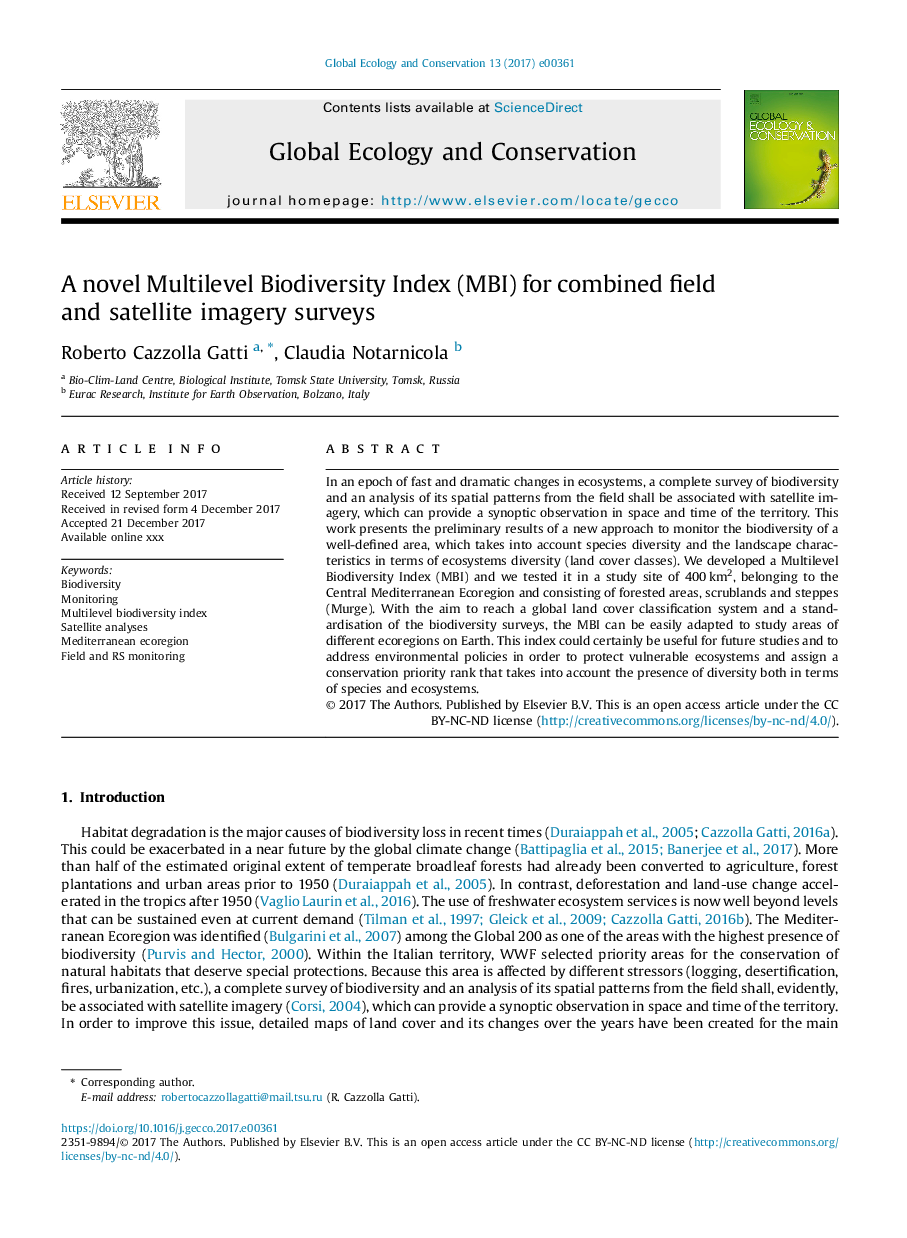 A novel Multilevel Biodiversity Index (MBI) for combined field and satellite imagery surveys