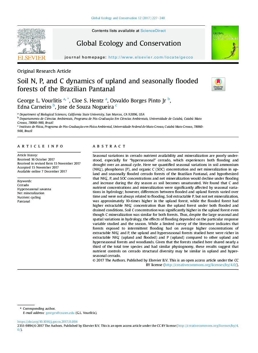 Soil N, P, and C dynamics of upland and seasonally flooded forests of the Brazilian Pantanal