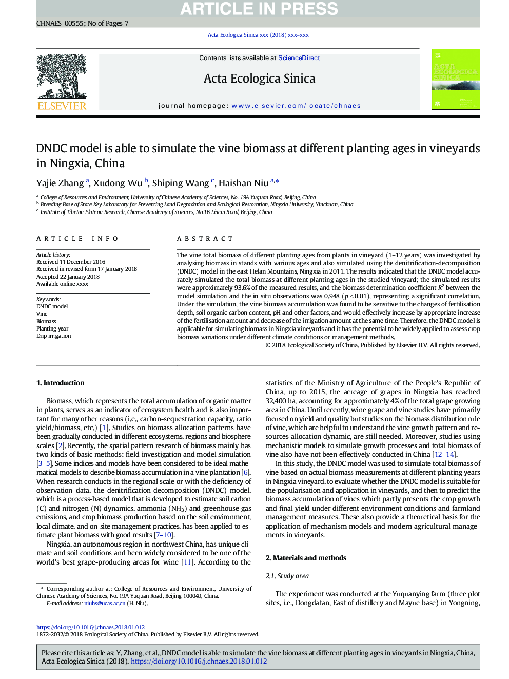 The simulation of the vine biomass at different planting ages in Ningxia vineyards using DNDC model