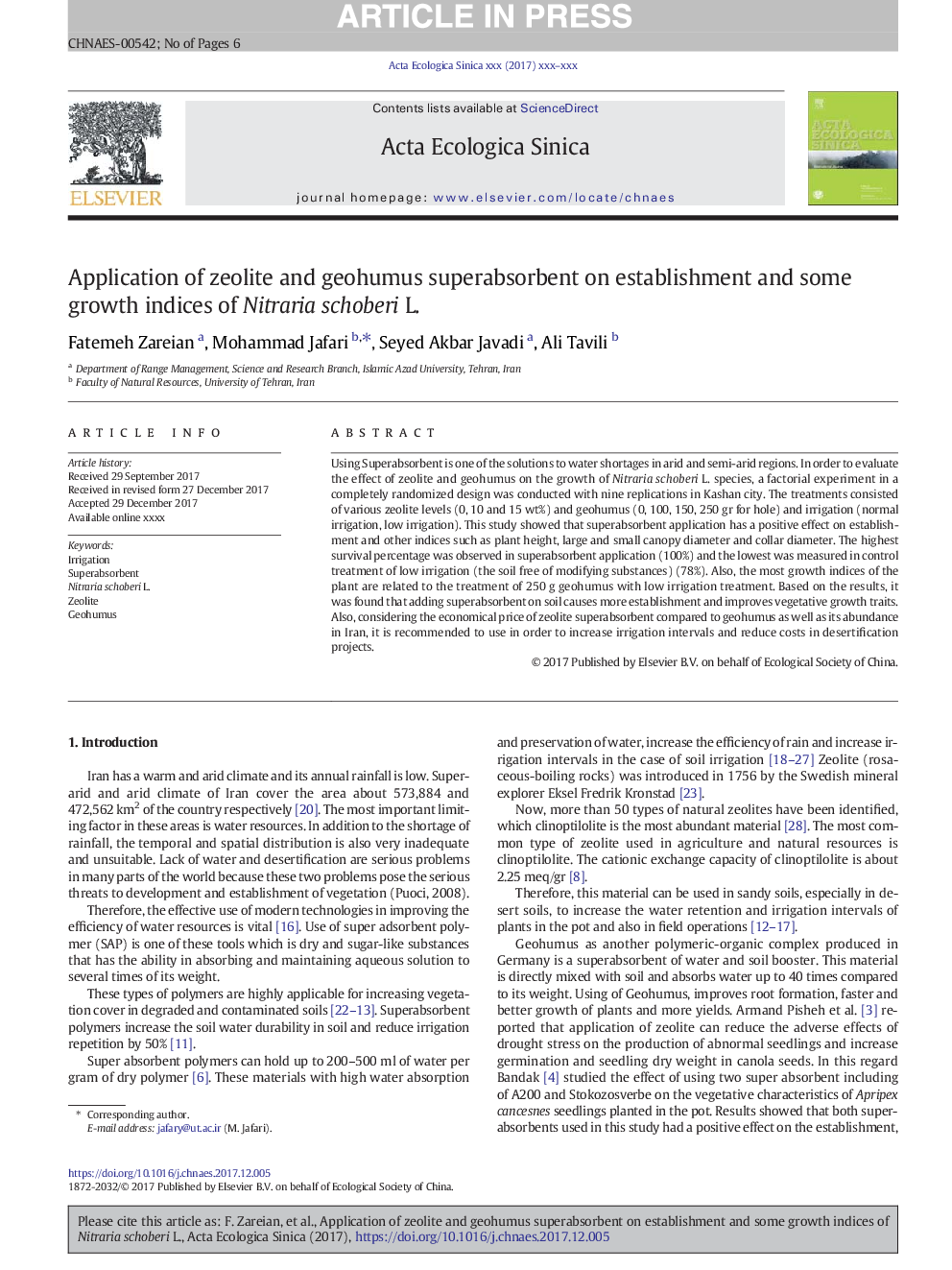 Application of zeolite and geohumus superabsorbent on establishment and some growth indices of Nitraria schoberi L.