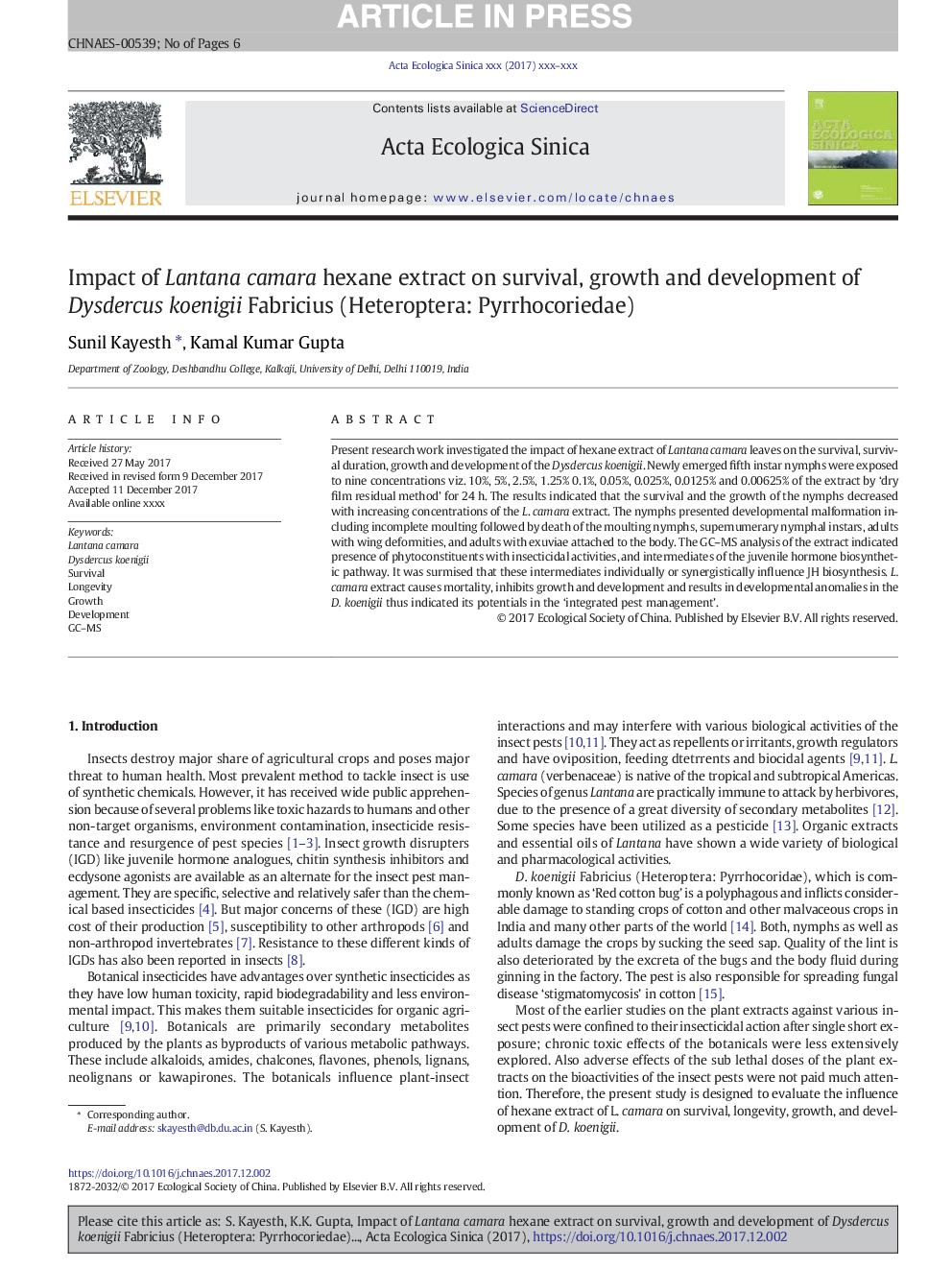 Impact of Lantana camara hexane extract on survival, growth and development of Dysdercus koenigii Fabricius (Heteroptera: Pyrrhocoriedae)