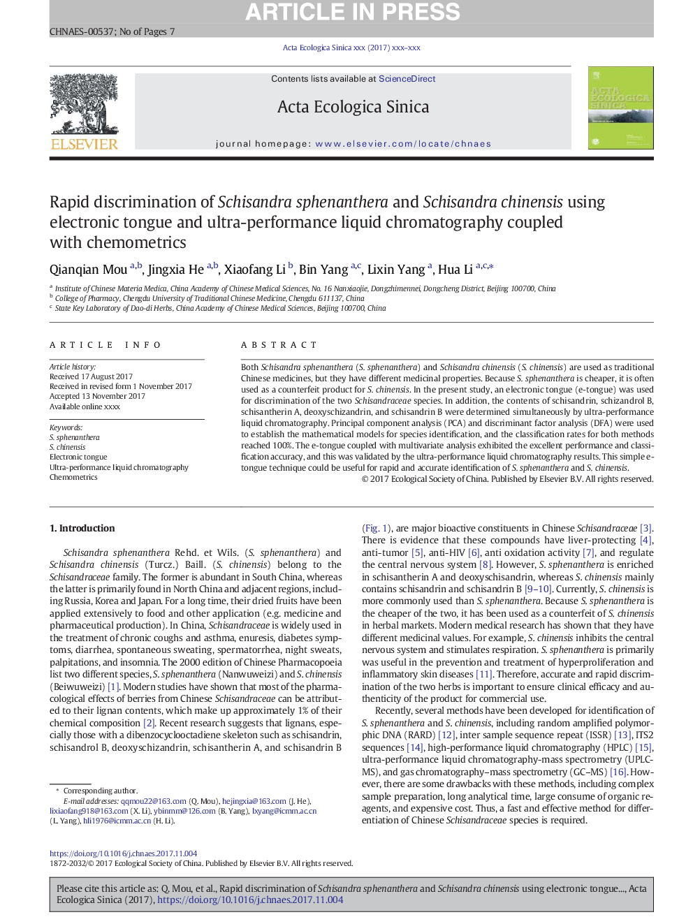 Rapid discrimination of Schisandra sphenanthera and Schisandra chinensis using electronic tongue and ultra-performance liquid chromatography coupled with chemometrics