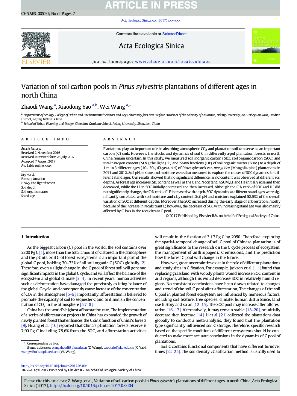 Variation of soil carbon pools in Pinus sylvestris plantations of different ages in north China