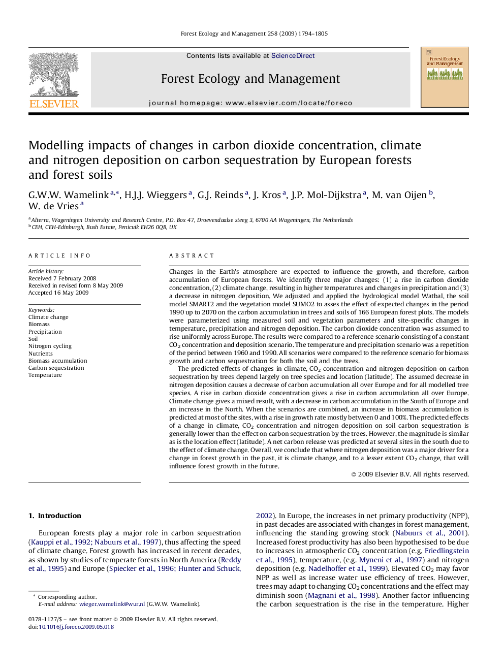 Modelling impacts of changes in carbon dioxide concentration, climate and nitrogen deposition on carbon sequestration by European forests and forest soils