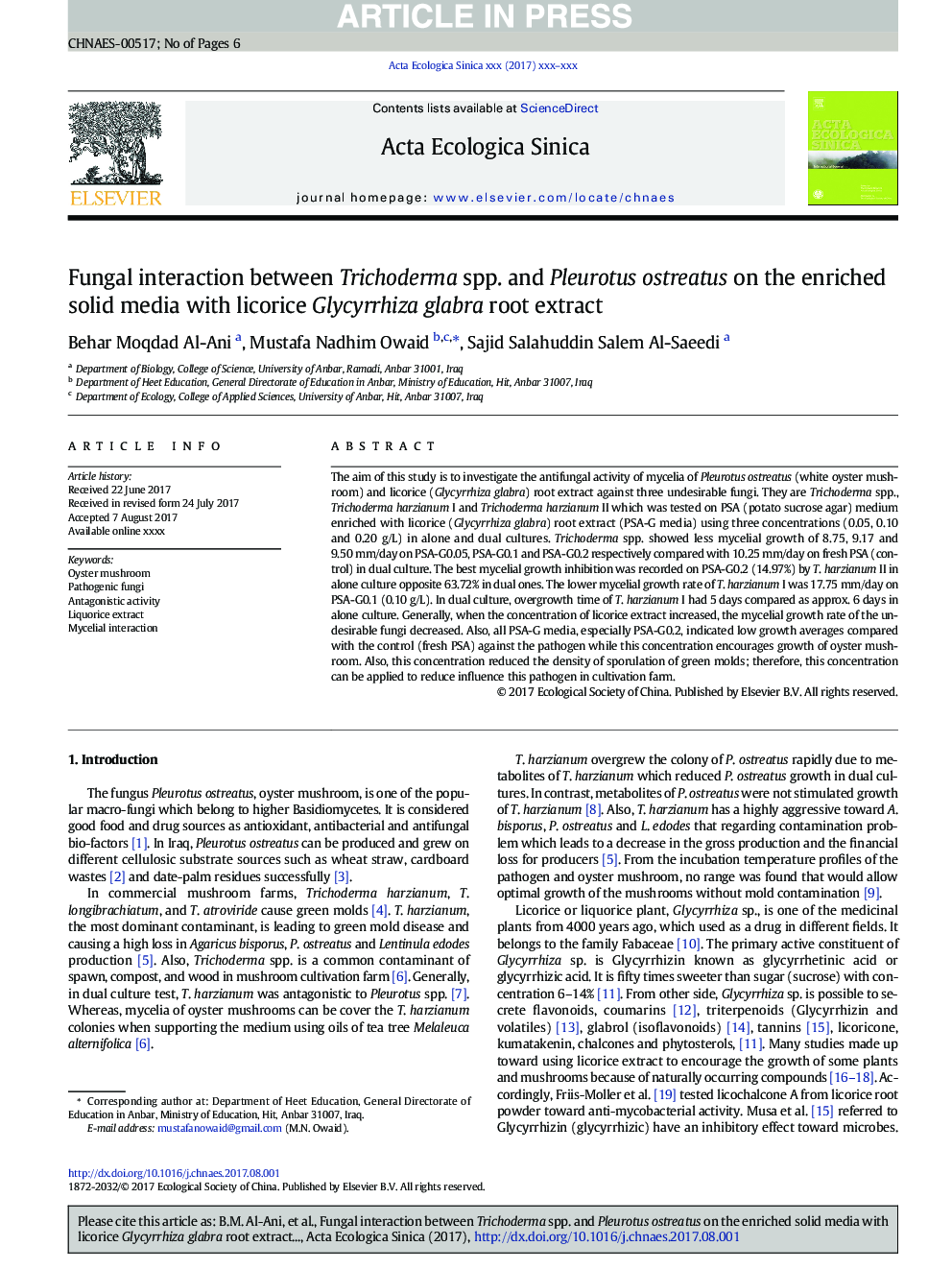 Fungal interaction between Trichoderma spp. and Pleurotus ostreatus on the enriched solid media with licorice Glycyrrhiza glabra root extract