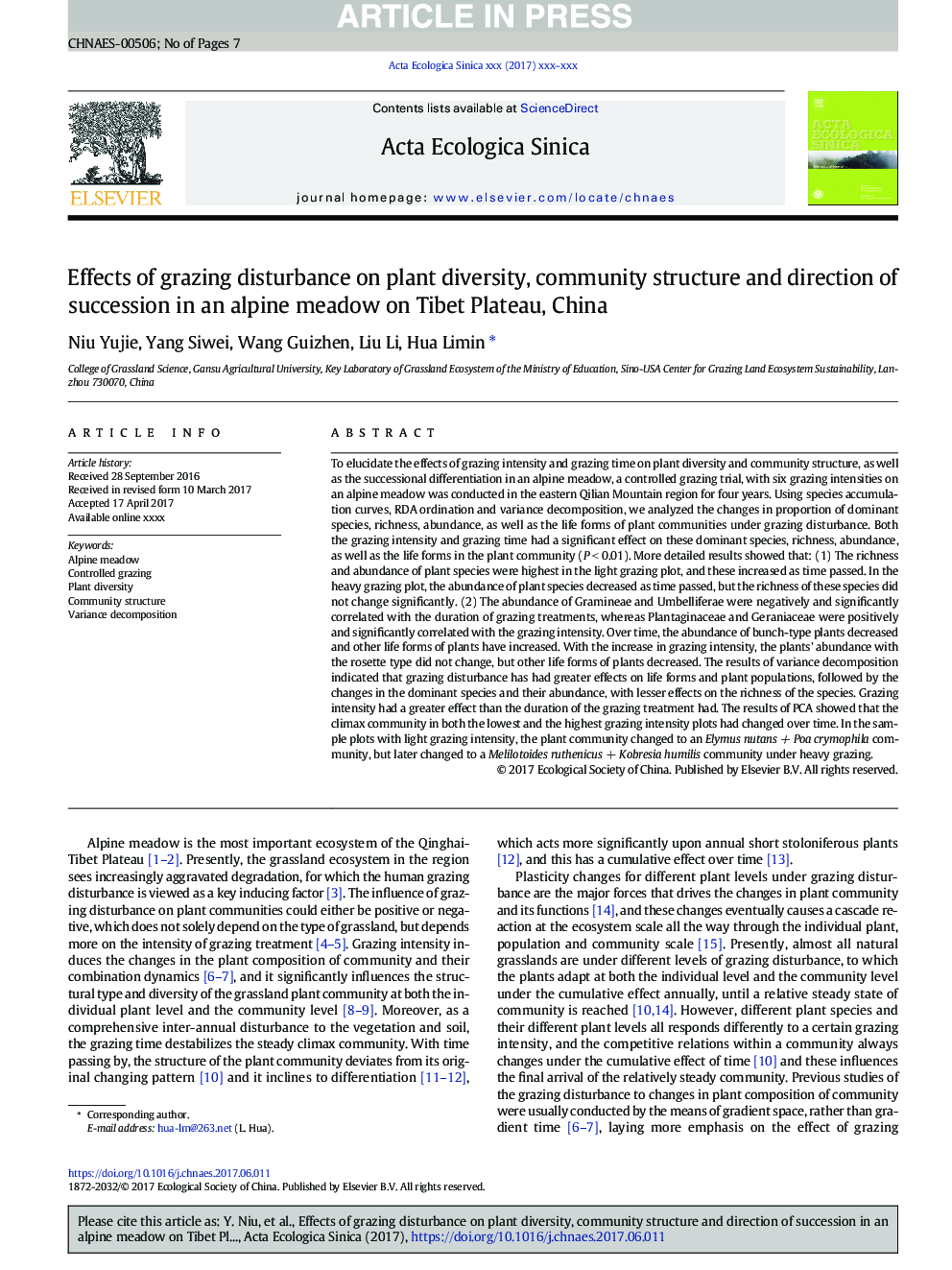 Effects of grazing disturbance on plant diversity, community structure and direction of succession in an alpine meadow on Tibet Plateau, China