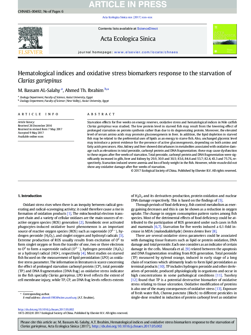 Hematological indices and oxidative stress biomarkers response to the starvation of Clarias gariepinus