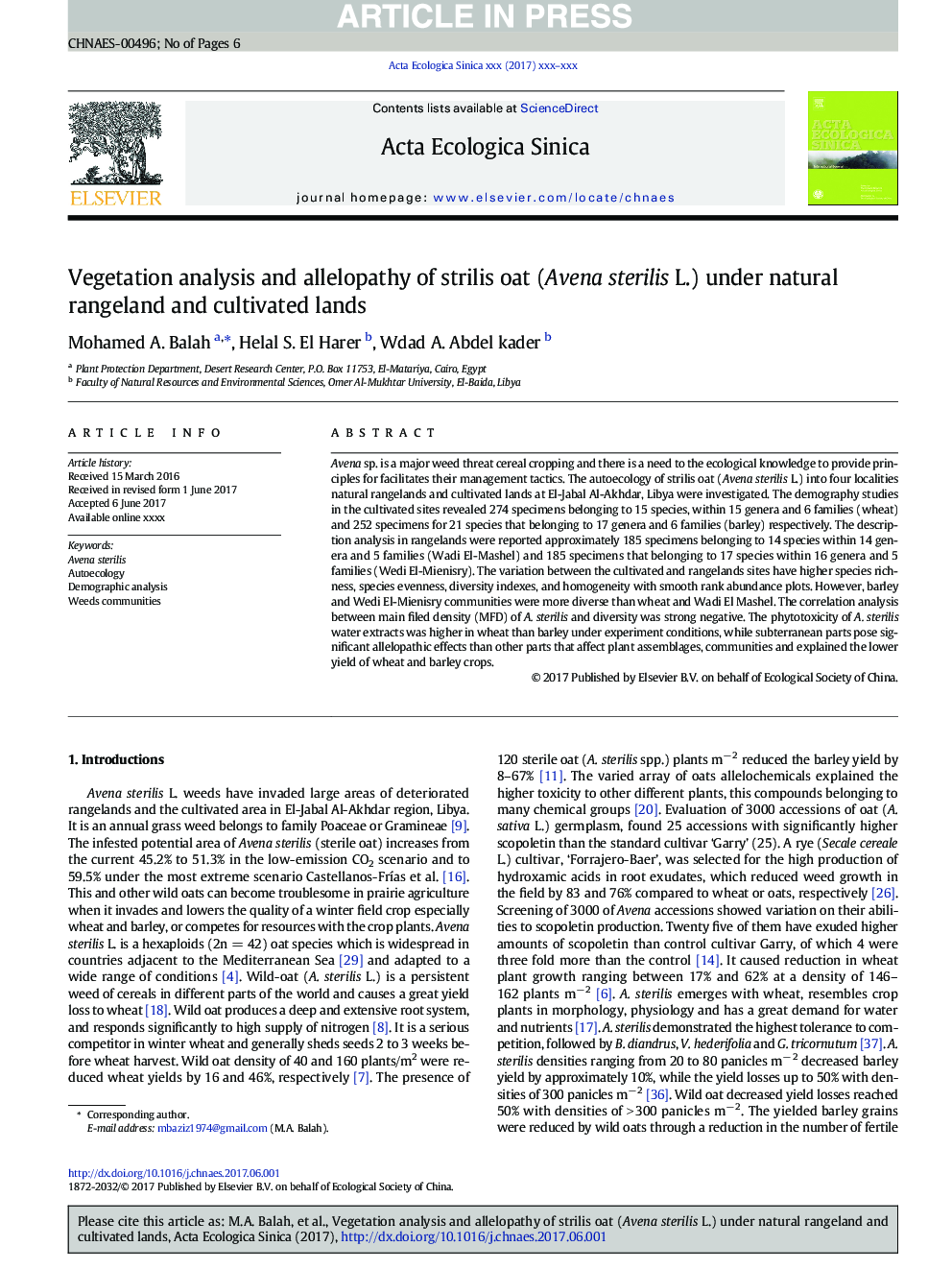 Vegetation analysis and allelopathy of strilis oat (Avena sterilis L.) under natural rangeland and cultivated lands