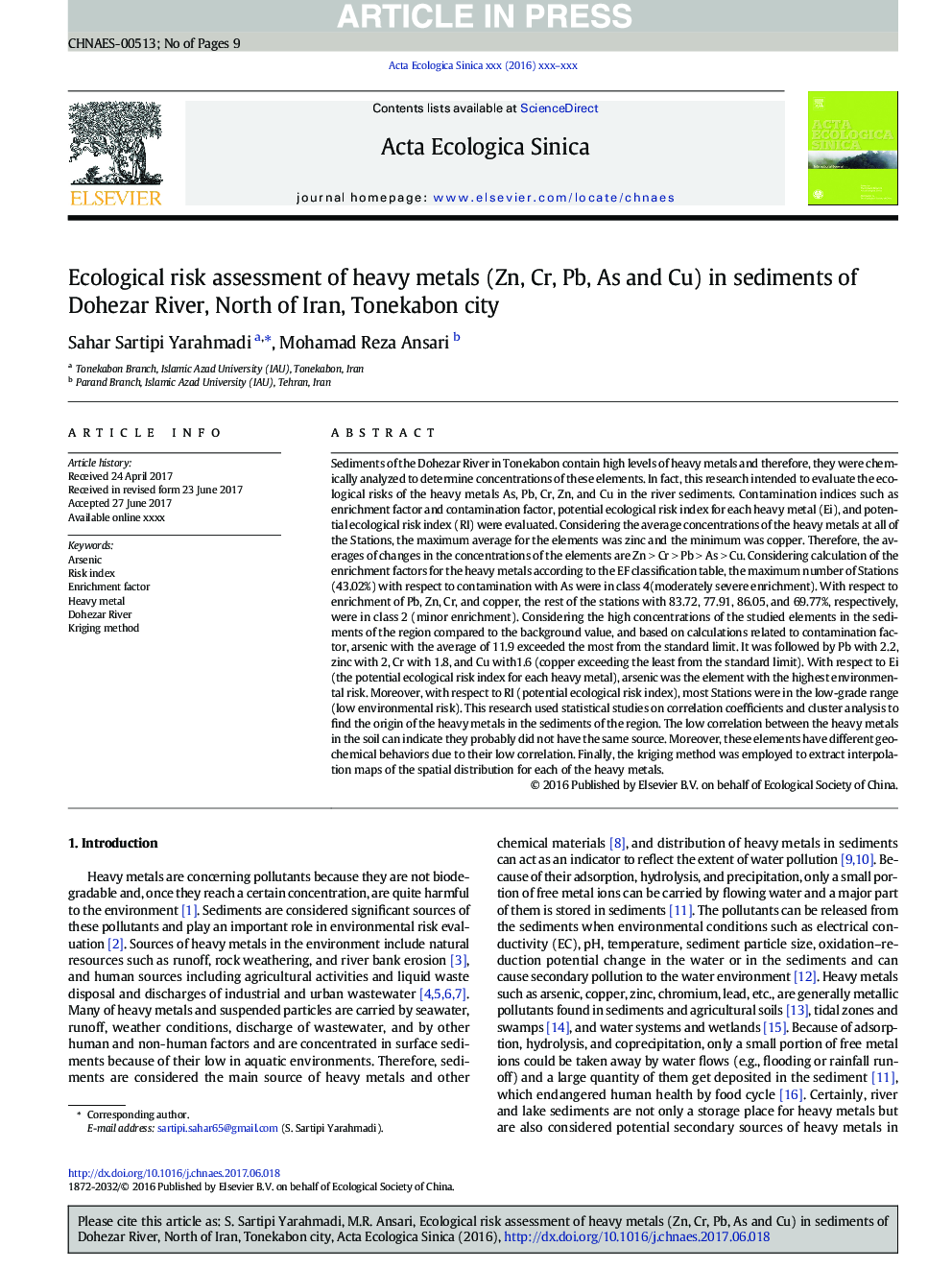 Ecological risk assessment of heavy metals (Zn, Cr, Pb, As and Cu) in sediments of Dohezar River, North of Iran, Tonekabon city