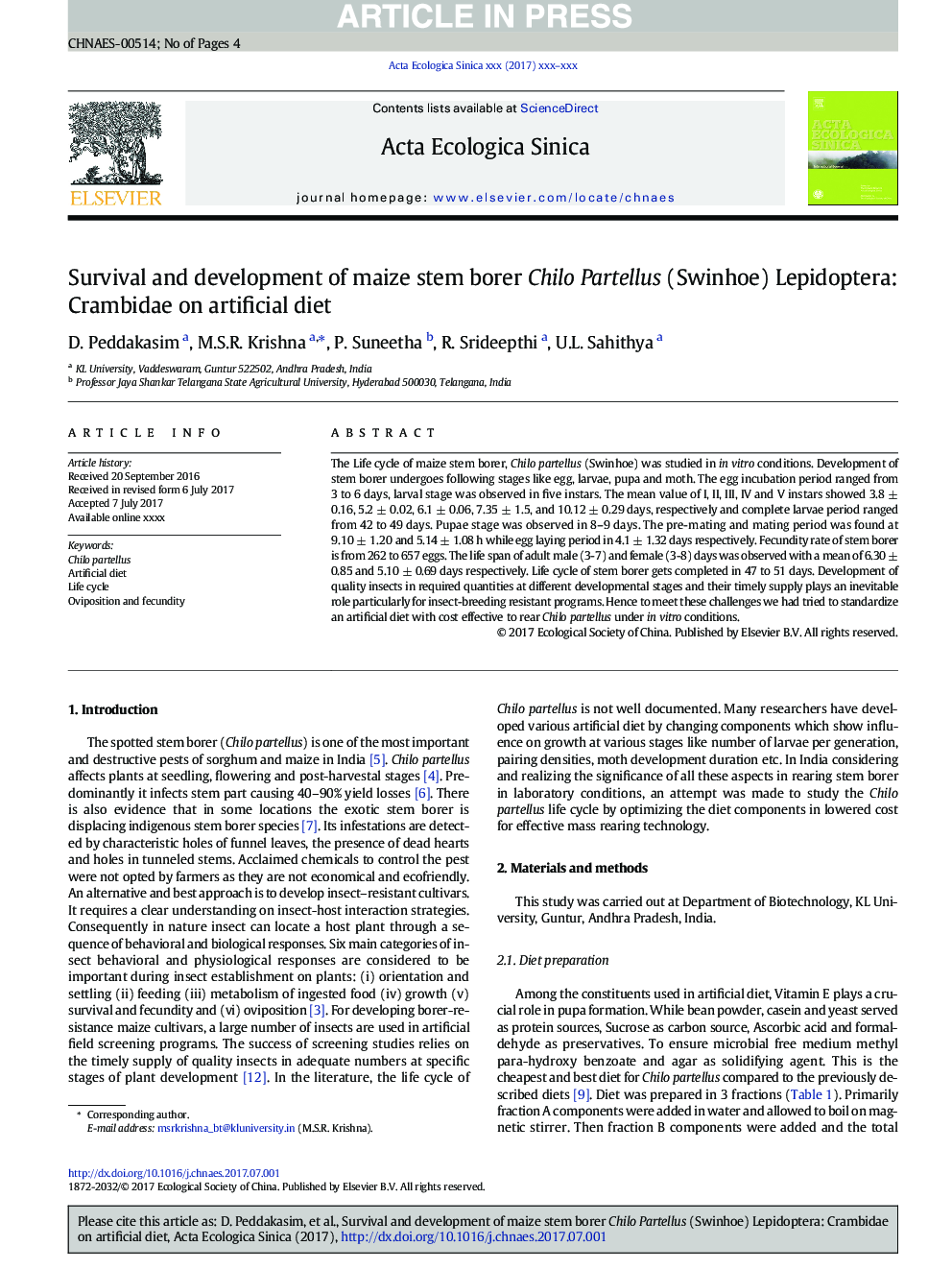 Survival and development of maize stem borer Chilo Partellus (Swinhoe) Lepidoptera: Crambidae on artificial diet