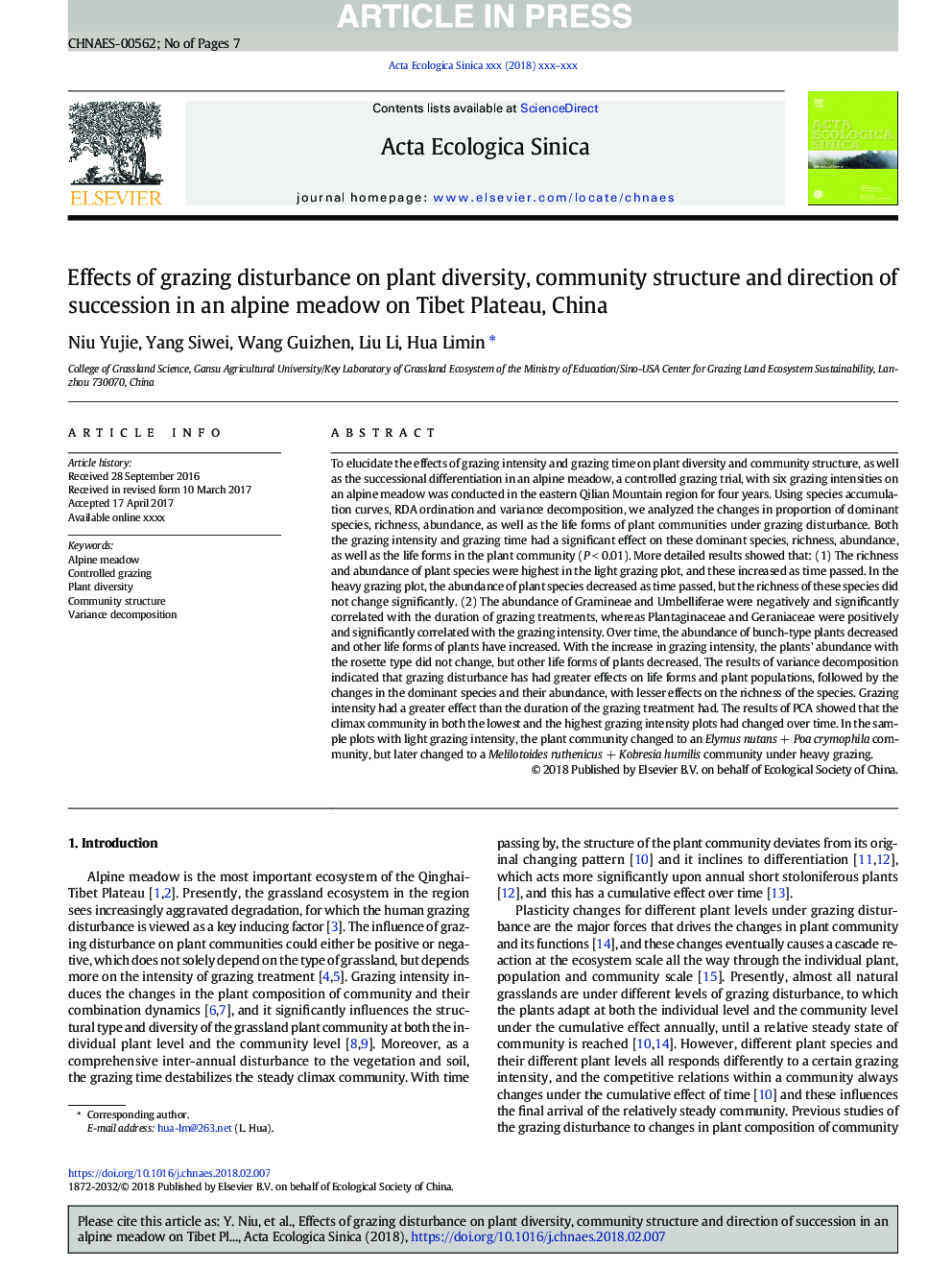 تأثیر اختلالات چرا در تنوع گیاه، ساختار اجتماعی و جهت جانشینی در چمنزارهای آلپ در پلاتو تبت، چین 