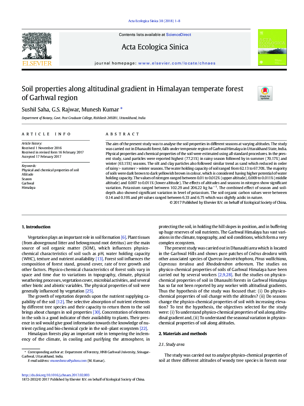 Soil properties along altitudinal gradient in Himalayan temperate forest of Garhwal region