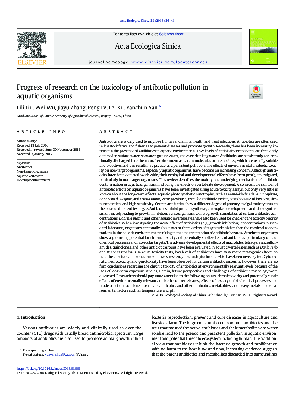 Progress of research on the toxicology of antibiotic pollution in aquatic organisms