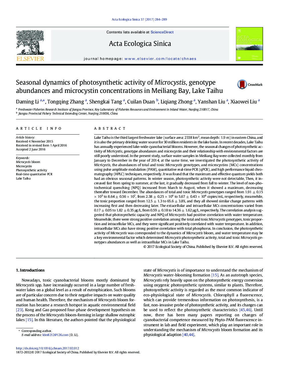 Seasonal dynamics of photosynthetic activity of Microcystis, genotype abundances and microcystin concentrations in Meiliang Bay, Lake Taihu