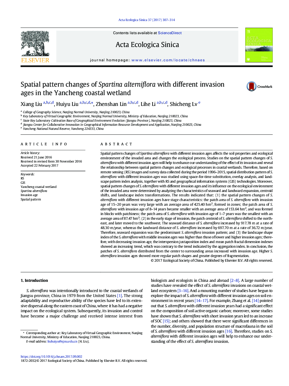 Spatial pattern changes of Spartina alterniflora with different invasion ages in the Yancheng coastal wetland