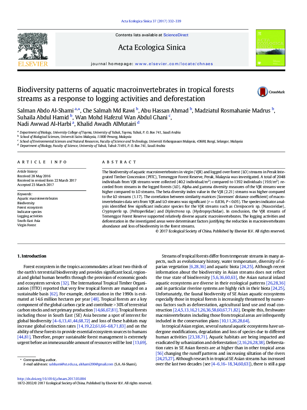 Biodiversity patterns of aquatic macroinvertebrates in tropical forests streams as a response to logging activities and deforestation