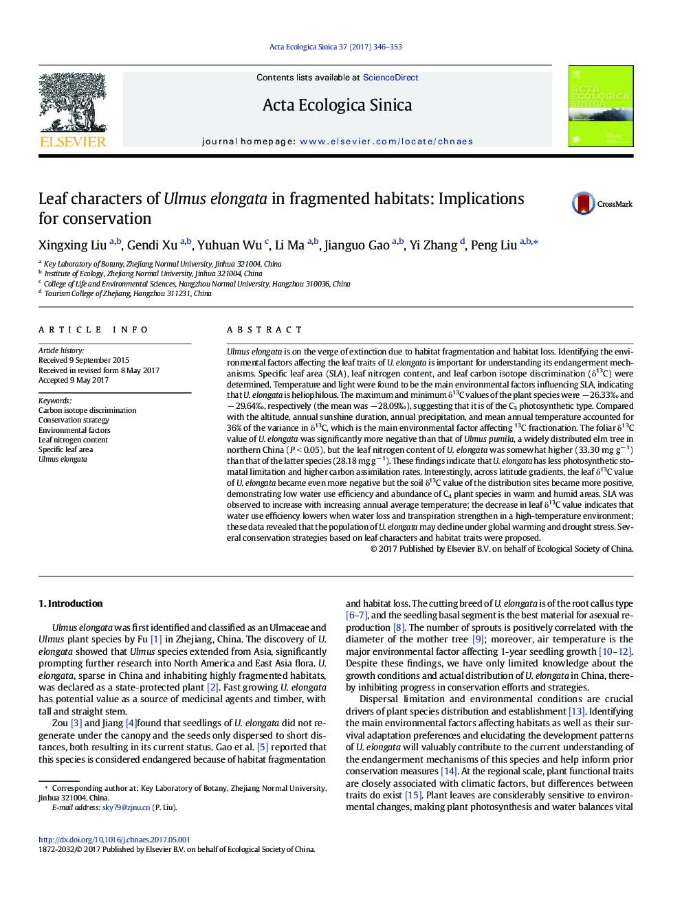 Leaf characters of Ulmus elongata in fragmented habitats: Implications for conservation