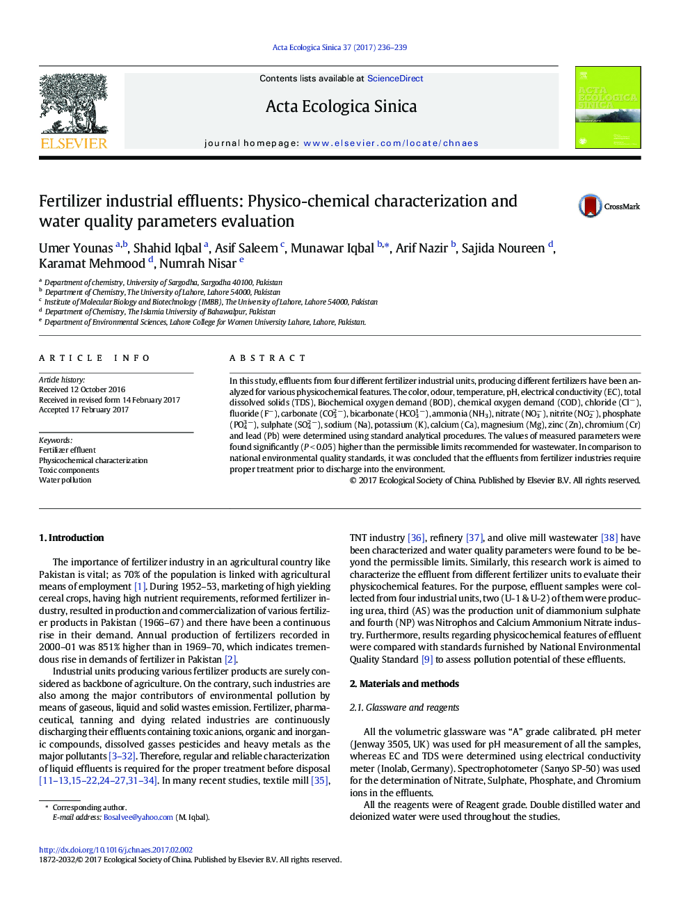 Fertilizer industrial effluents: Physico-chemical characterization and water quality parameters evaluation