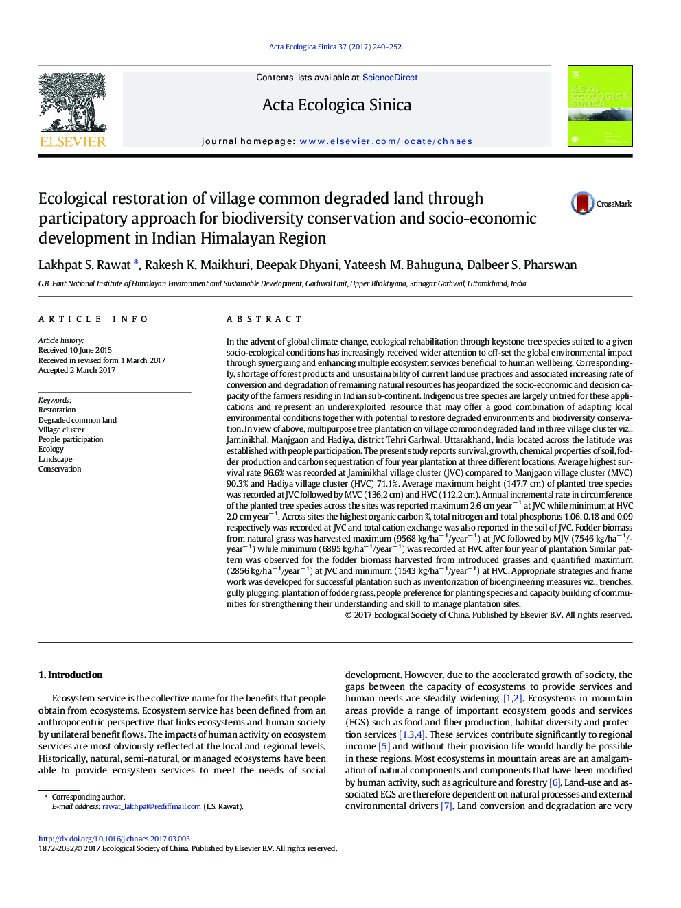 Ecological restoration of village common degraded land through participatory approach for biodiversity conservation and socio-economic development in Indian Himalayan Region