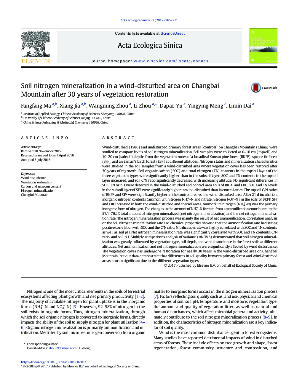 Soil nitrogen mineralization in a wind-disturbed area on Changbai Mountain after 30Â years of vegetation restoration