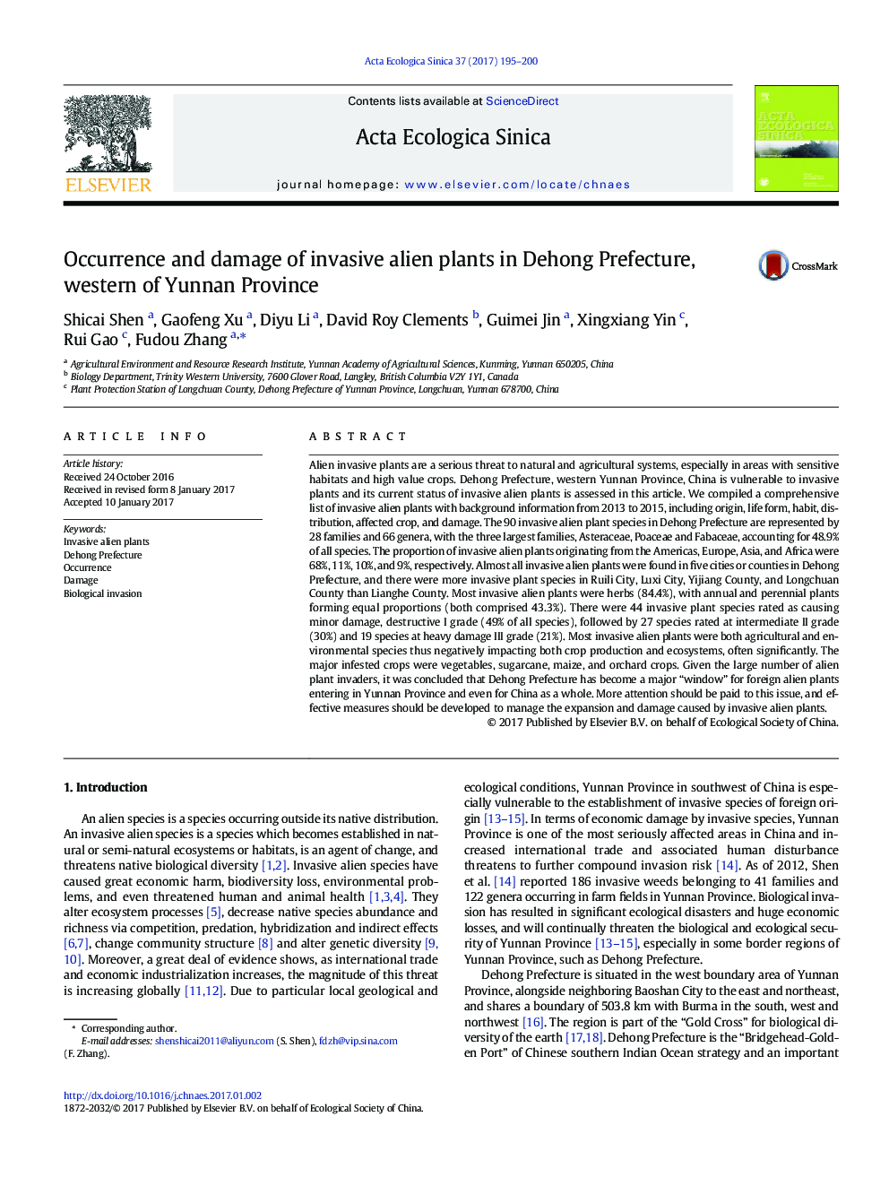 Occurrence and damage of invasive alien plants in Dehong Prefecture, western of Yunnan Province